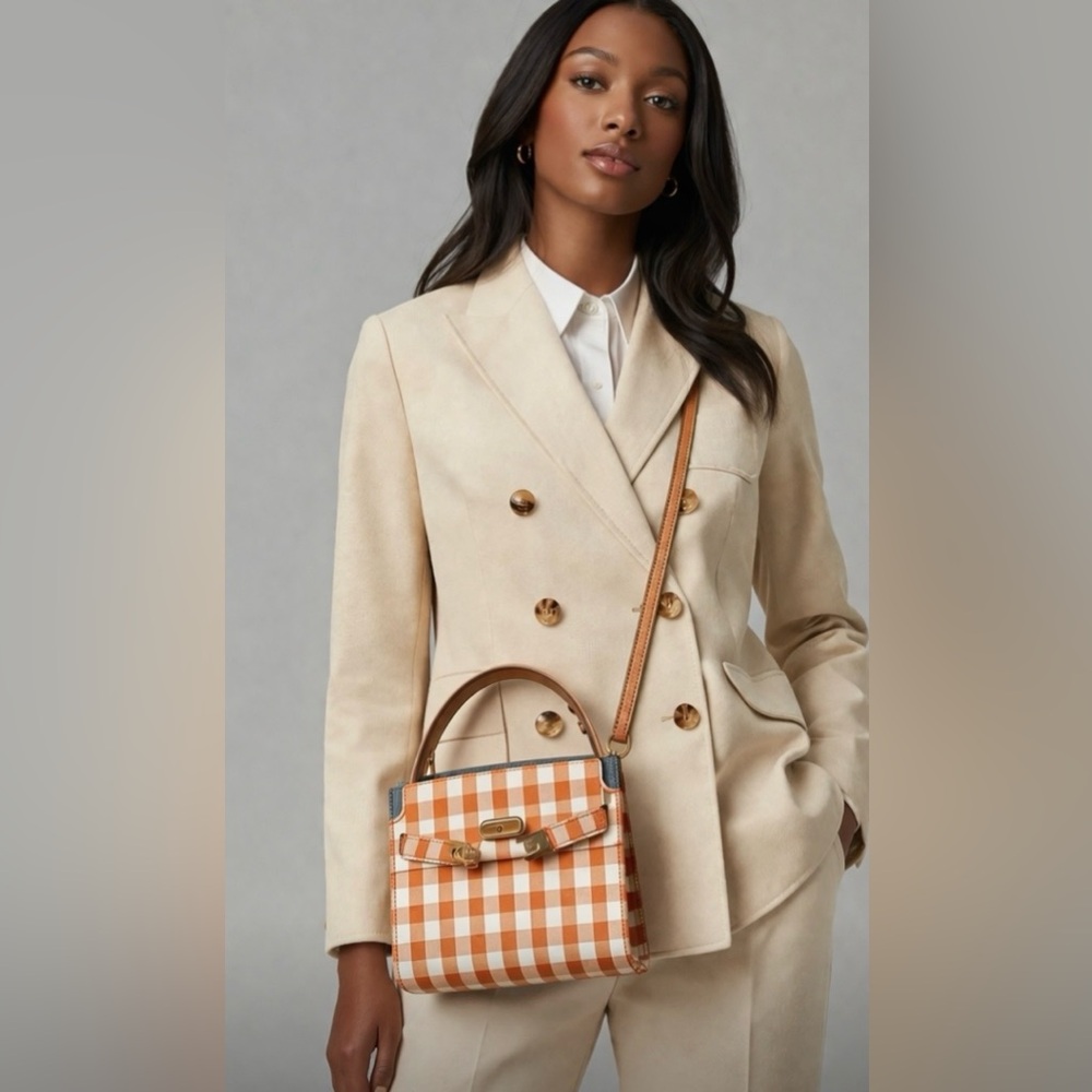 Tory Burch OPEN TO TRADE Small Tote Cream and Burnt Orange Gingham dust bag